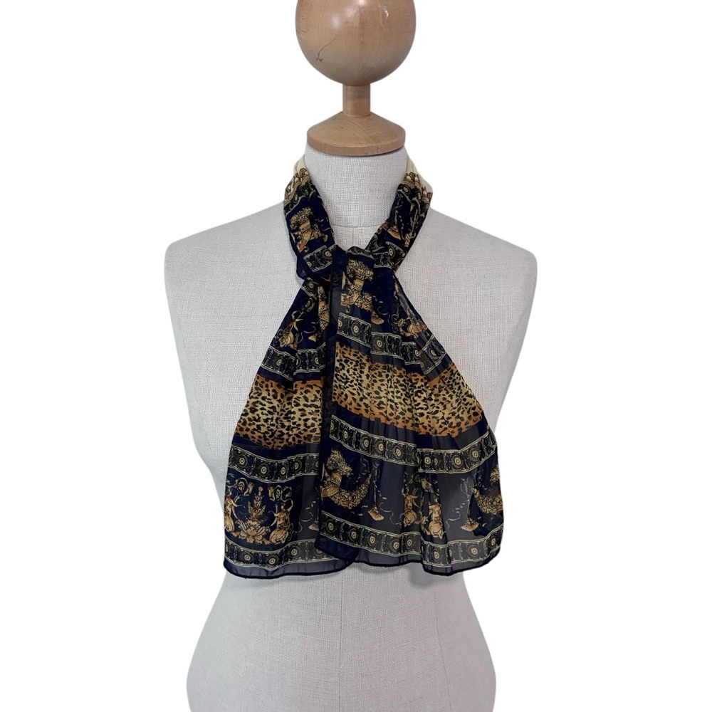 Black and Gold Patterned Women's Scarf with Leopard and Baroque Motifs
